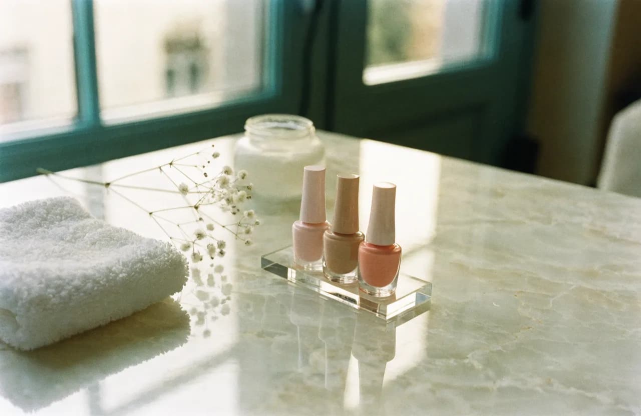 A marble manicure table with a tray of nude and coral polishes