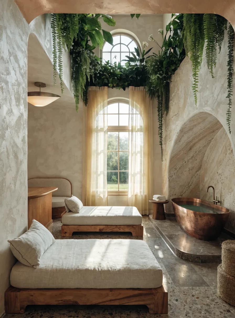 A destination spa retreat with linen daybeds and a copper soaking tub