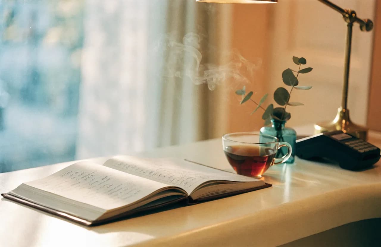 A salon owner's counter with an appointment book, tea and eucalyptus