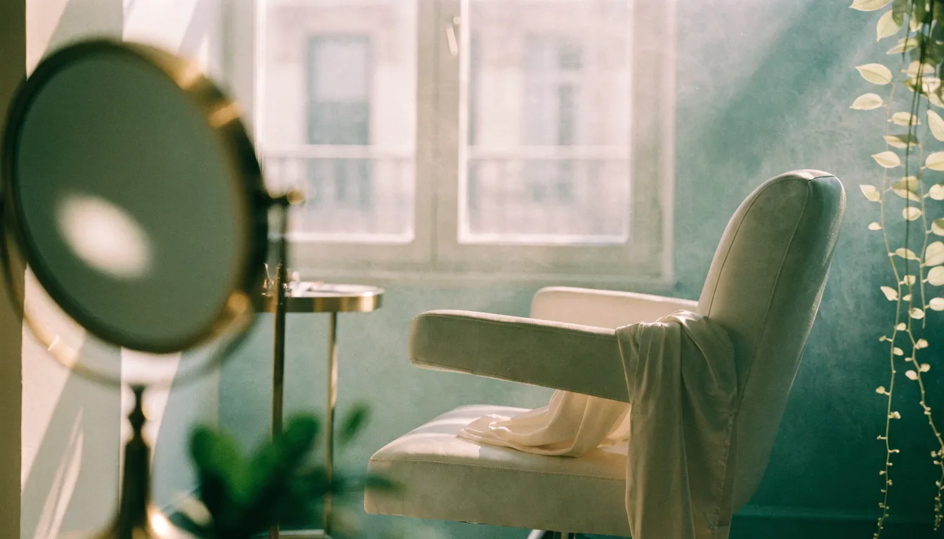 A plush styling chair in a sunlit luxury salon with a silk robe and brass accents