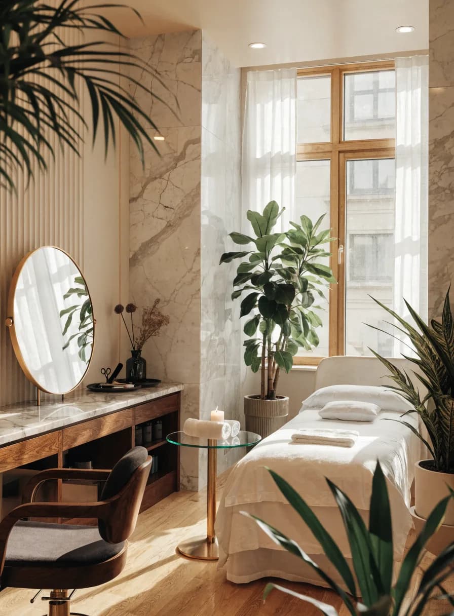 A hybrid salon and spa with a styling vanity and a linen treatment bed