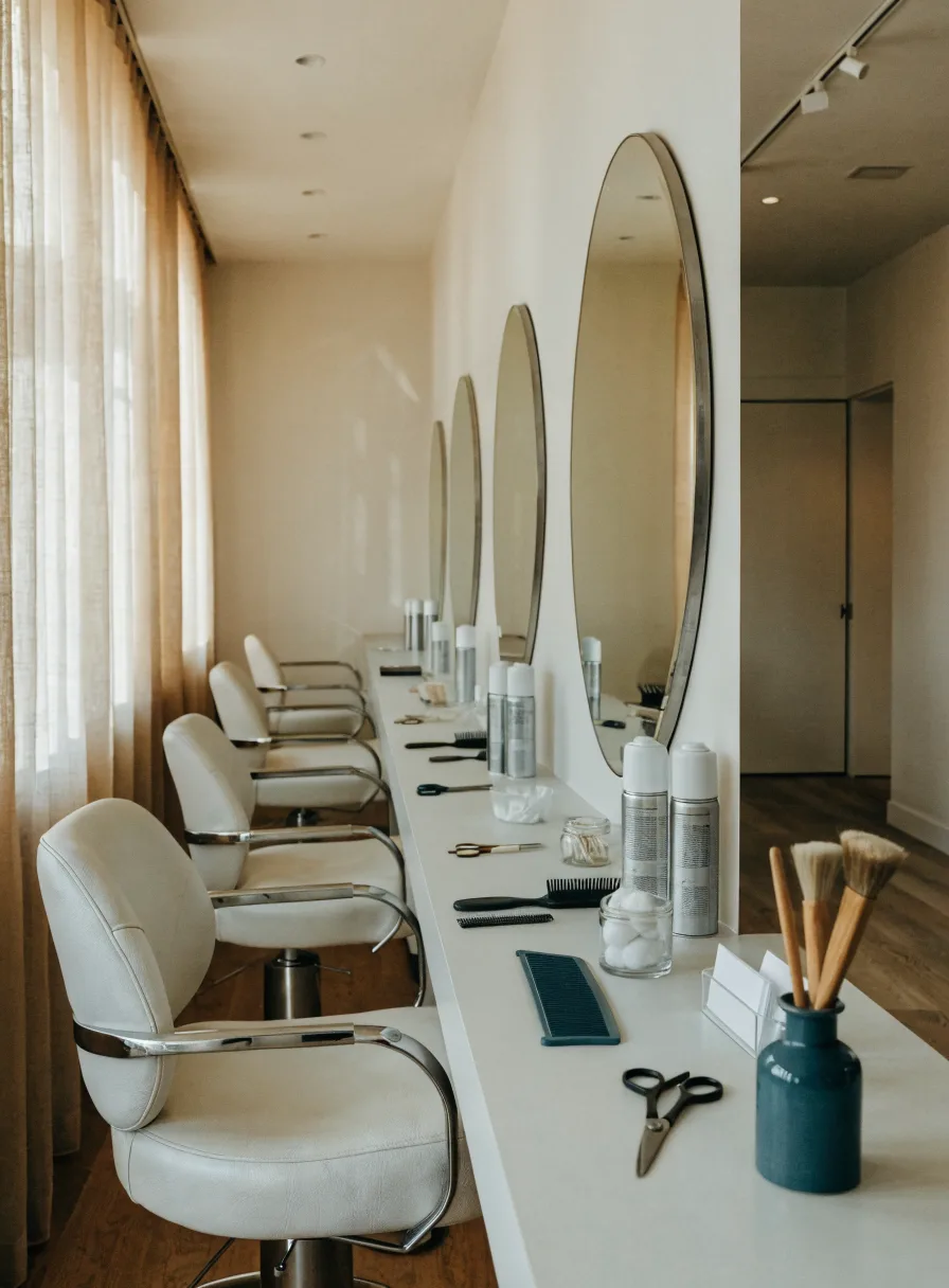 A bright hair salon with a row of styling stations and round mirrors